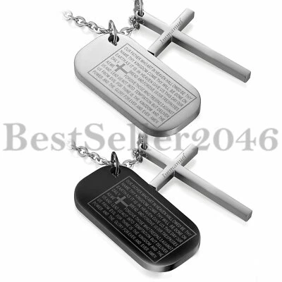 Men Women Bible Prayer Cross Army Dog Tag Pendant Stainless Steel Necklace 22" - Imagem 1 de 4
