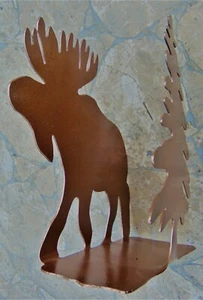 METAL MOOSE/PINE TREE RUSTIC NAPKIN/LETTER HOLDER~ HAMMERED COPPER TONE 9" x 9" - Picture 1 of 6