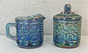 VINTAGE INDIANA GLAS WINDSOR "KNOPF UND STOCK" BLAU IRISIEREND CREME UND ZUCKER - Bild 1 von 9