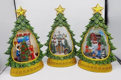 3 Large Holiday Illuminated Glitter Christmas Tree Snowglobe Valerie Parr Lot - Image 1 of 4