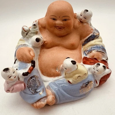 Vintage Chinese Ceramic Laughing Buddha with 5 Children Statue Hand Painted - Image 1 of 4