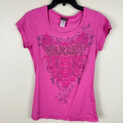 Camisa Harley Davidson Top Mujer Mediana Rosa Estrás Embellecida Manga Corta Foto 1 de 4