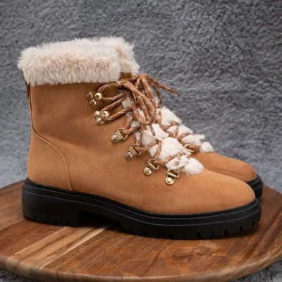 J. Crew Boots 女式 7.5 人造毛皮冬季远足户外踝鞋栗色 — 第 1/4 张图片