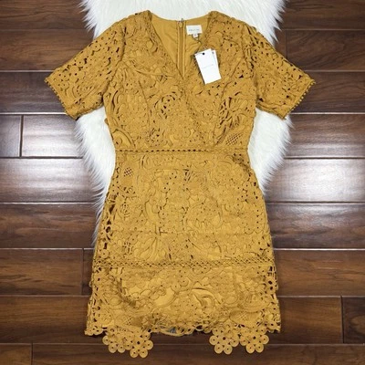 Vestido de encaje Adelyn Rae para mujer talla mediana mostaza Tasha crochet Foto 1 de 4