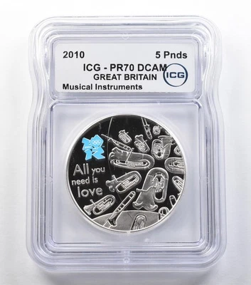 Gran Bretaña 2010 5 libras de plata instrumentos musicales PR70 DCAM ICG *3659 Foto 1 de 3