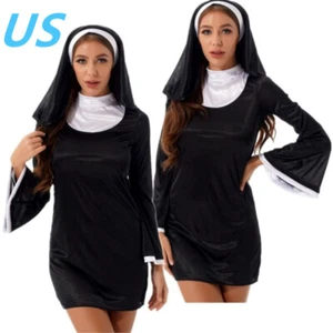 Womens Halloween Nun Cosplay Costume Sexy Nun Dress with Headscarf Outfits AU - Picture 1 of 19