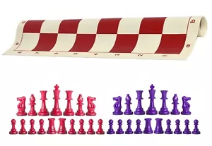 Piezas de ajedrez púrpura y rojo y tablero de vinilo rojo de 20" - juego de ajedrez triple ponderado - Imagen 1 de 4