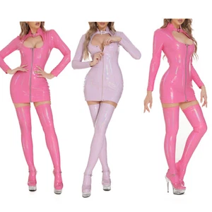 Women's Wet Look Leather Long Sleeve Dress with Latex Stockings Sets Clubwear - Picture 1 of 46