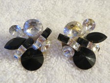 Stunning Vintage Black & Clear Rhinestone Cluster Pierced Earrings Signed