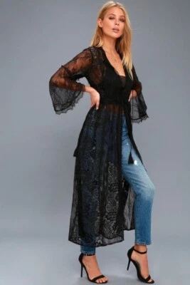 FREE PEOPLE Mujer Chelsea Encaje Bata Cárdigan Verano Negro Claro Reino Unido M Foto 1 de 4