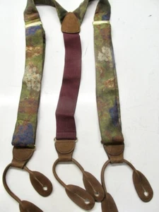 NORDSTROM Silk Suspenders Floral Impressionist motif Brown Leather Loops V11 - Picture 1 of 4