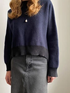 HELMUT LANG WOMEN NAVY BLUE BLACK RIBBED KNIT SWEATER SIDE SLIT SIZE S - Picture 1 of 16