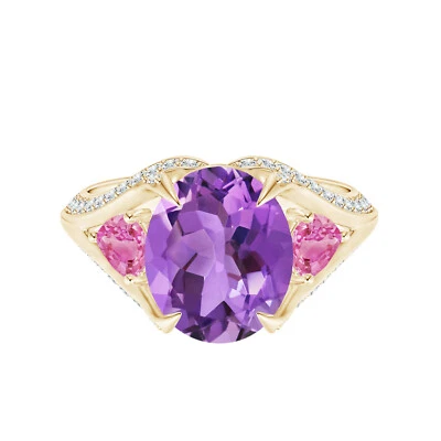 Anillo de cóctel nupcial de zafiro rosa pera amatista forma ovalada de oro amarillo de 14 k Foto 1 de 4