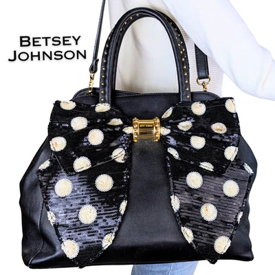 Betsey Johnson Sequin Polka Dot Bow Convertible Crossbody Satchel Bag Blk White - Image 1 of 4