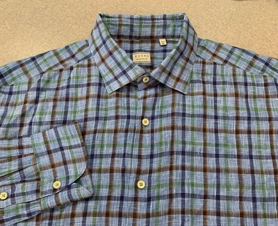 Xacus Mens 16.5 / 42 Long Sleeve Button 100% Linen Shirt Blue Plaid - Image 1 of 4