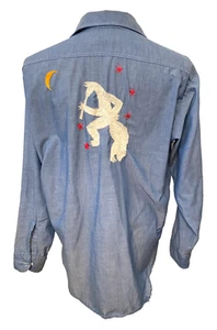 Vtg BIG MAC Shirt Men's L Blue Chambray Embroidered Native Petroglyphs USA Made - Picture 1 of 13