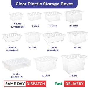 Clear Plastic Storage Boxes With Lids Home Office Kitchen Stackable UK Made Box - Picture 1 of 17