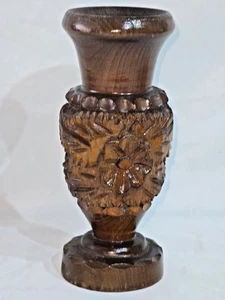 Jarrón antiguo de madera ornamentado torneado tallado a mano con diseño floral y de lámina 7" - Imagen 1 de 22