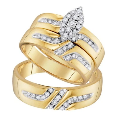 Two Tone 10K Gold 0.35 cttw Marquise Shape Diamond His Hers Trio Wedding Set - Image 1 of 4