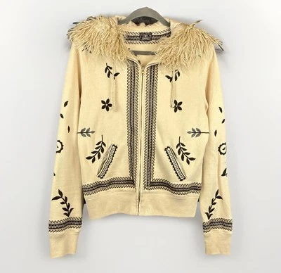 VTG Y2K Lucky Brand Hoodie Womens M L Full Zip Shaggy Fur Satin Embroidered Boho - Image 1 of 4