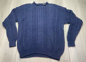Vintage Mens Roll Neck Sweater Large Navy Fisherman Cable Knit Chunky Structure - Picture 1 of 6