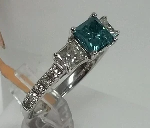 14k white gold solitaire ring 1.01ct blue diamond 0.75ct white diamonds princess - Picture 1 of 8