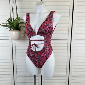 New Toluca Vitality Nicola One Piece Swimsuit Pink Red Butterfly Cheeky Tie Sz L - Picture 1 of 10