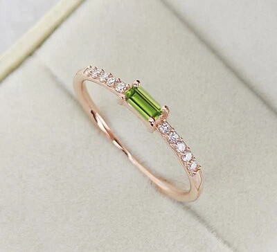 Baguette Natural Peridot Minimalist 925 Silver Ring with CZ Diamond Accents - Image 1 of 4