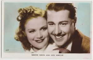 Cartolina Simone Simon + Don Ameche anni '30 foto reale a colori #157 stelle del cinema RPPC - Foto 1 di 2
