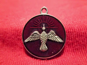 Pentecost Medal Ascending Dove Silvertone Red Resin 3/4" dia - Picture 1 of 3
