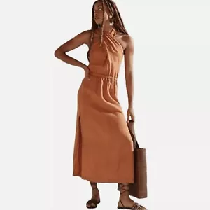 đź’ŽAnthropologie Womens Casual Orange 100% Linen Cross-Halter Maxi Dress Size XS - Picture 1 of 9