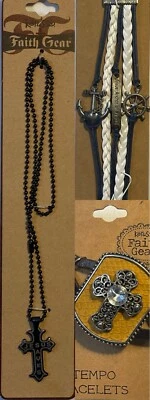 Colar e 2 pulseiras Faith Jesus Saves & Anchor & Cross strass pacote com 3 - Imagem 1 de 4