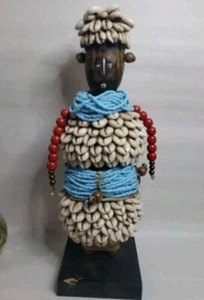 Namji Tribe Doll Handcrafted Pine Wood Cowrie Shells Blue Red Brown 10 1/2" - Picture 1 of 13