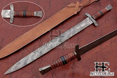 HUNTEX Handmade Damascus Blade, Cross Guard Hilt Well-Balanced Viking Long Sword - Image 1 of 4