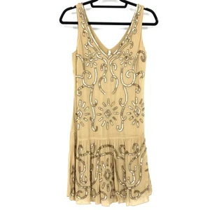Willow & Clay Sequined Beaded Mini Dress Womens Size Small Tan V-Neck Sleeveless - Picture 1 of 6