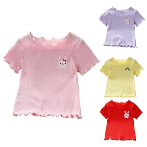 Baby Girls T-shirts Round Collar Short Sleeves Curly Hem Summer Top Shirts  - Picture 1 of 37