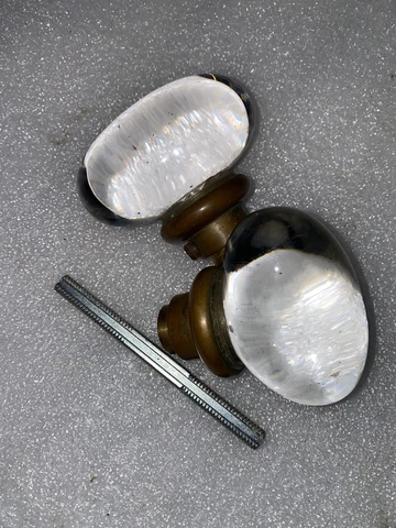 Antique pair of Oval Shape Glass Door Knobs with threaded original spindle Cover
