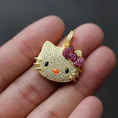 Cute Kitty Pendant Necklace Round Cut Simulated Ruby & CZ 14k Yellow Gold Plated - Image 1 of 4