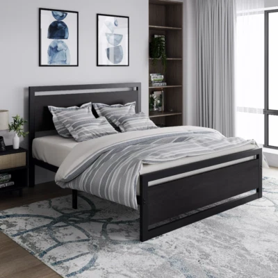 Marco De Cama Con Plataforma Queen Moderno Cabecero Madera Black Bed Frame Queen - Image 1 of 4