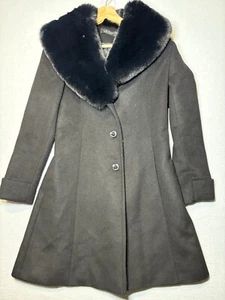 RALPH LAUREN BLACK LABEL Women's 2P Wool Blend Walker Coat Faux Fur Collar Black - Picture 1 of 8