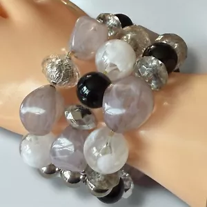 Bracciale Perline Lucite Multi Filo Elastico Nero Trasparente Bauble Vintage Statement - Foto 1 di 10