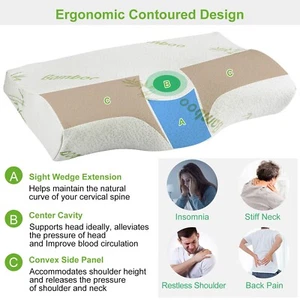 20 In Memory Foam Pillow Ergonomic Cervical Orthopedic Pillow Neck Pain Relief - Picture 1 of 13