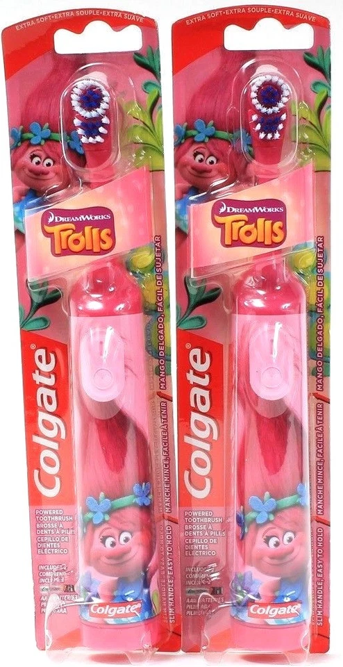 2 Colgate Kids Trolls Extra Soft Toothbrush Battery Powered Spin pink