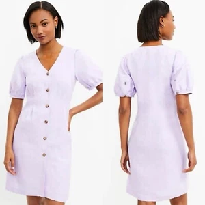 LOFT Button Down V-Neck Puff Sleeve Mini Dress Linen Blend Size 18 Purple Lilac - Picture 1 of 9