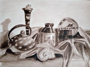 watercolor still life with utensils, monochrome painting, original watercolor - Picture 1 of 5