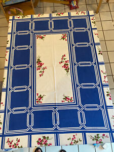 Vintage STARTEX STARMONT Printed Linen Tablecloth w/Red  Raspberries Blue Accent