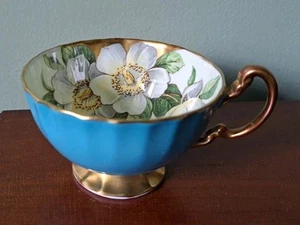 Vintage seltene Aynsley Teetasse türkis blau gold Hartriegel Blumen Fuß NUR Bone China - Bild 1 von 12