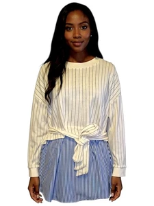 Anthropologie French Terry Twofer Sweatshirt Top Layered Cream Blue Striped XL - Picture 1 of 7