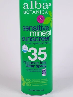 Spray bloqueador de protector solar mineral sensible Alba Botanica 35 FPS 6 OZ protección de la piel Foto 1 de 4