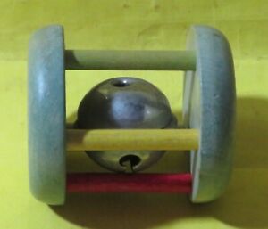 VINTAGE WOODEN BABY BELL RATTLE CRAWL TOY MOUSE & ROOSTER